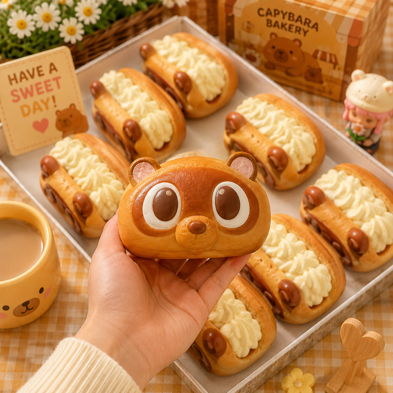 Capybara-shaped pastries with a hand holding one, set on a checkered tablecloth with 'Capybara Bakery' branding.