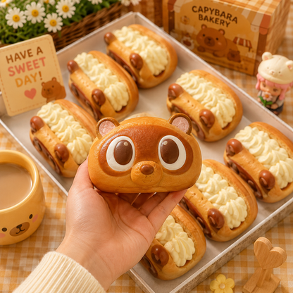 Capybara-shaped pastries with a hand holding one, set on a checkered tablecloth with 'Capybara Bakery' branding.