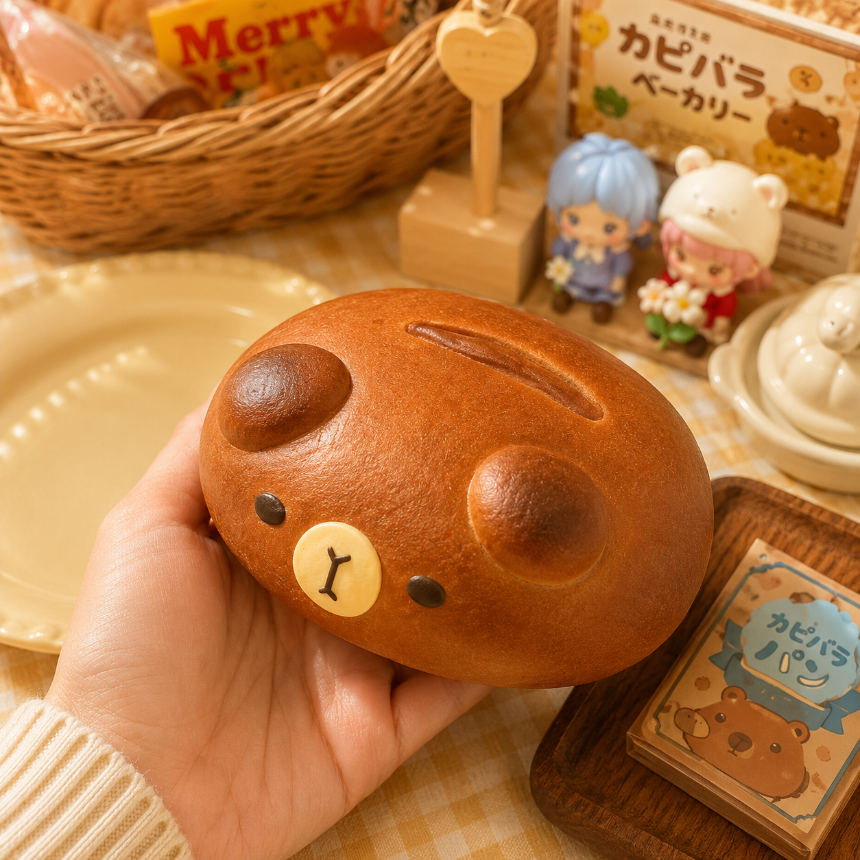 Hand holding a brown bear-shaped piggy bank with a checkered tablecloth and decorative items in the background.