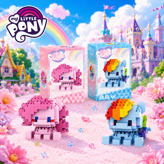 My Little Pony building blocks with packaging in a fantasy setting with castle and rainbow.