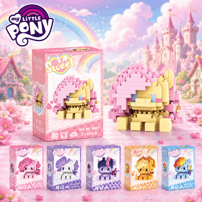 My Little Pony building block set with packaging against a colorful castle and rainbow background