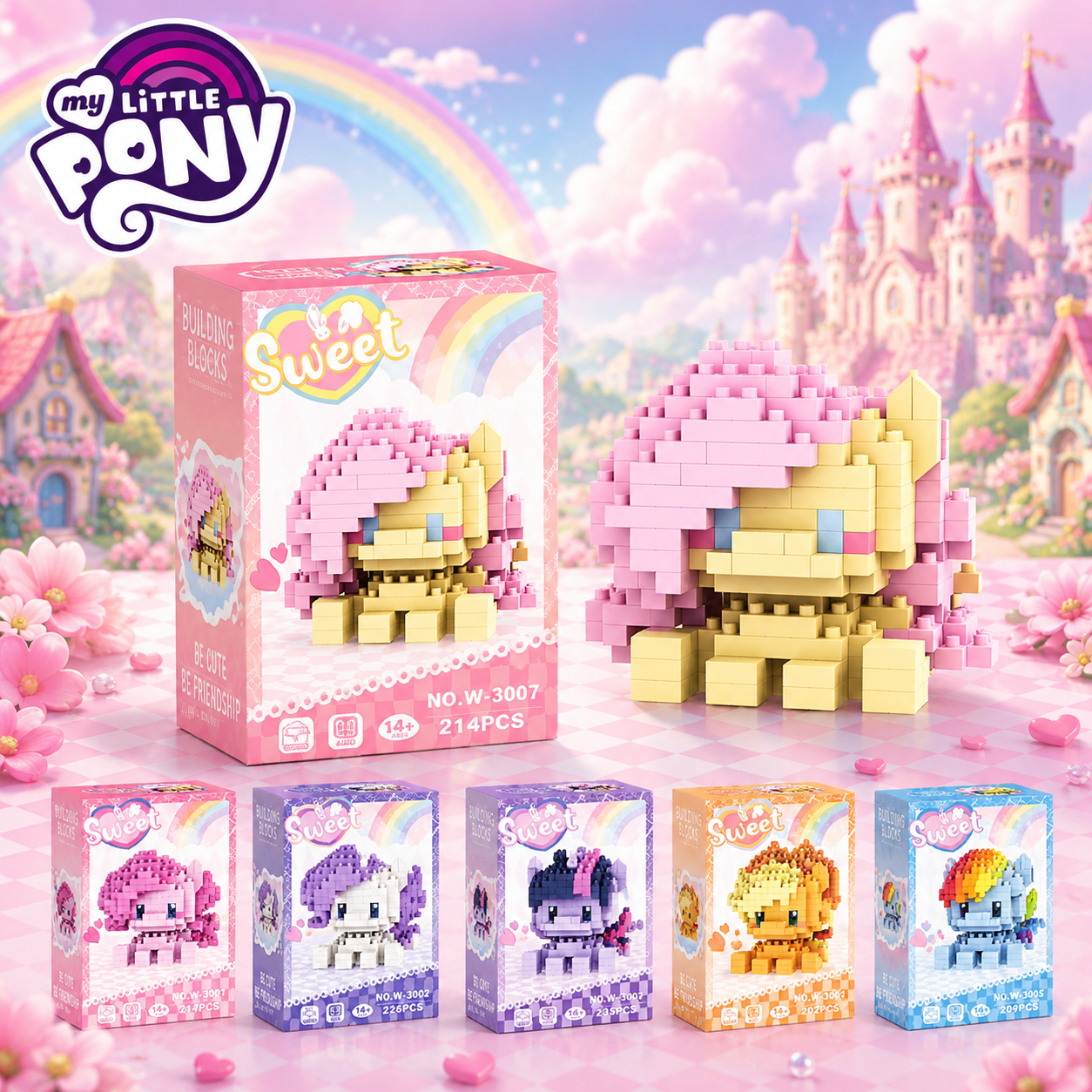 My Little Pony building block set with packaging against a colorful castle and rainbow background