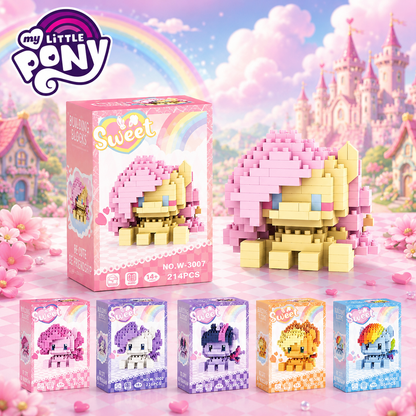 My Little Pony building block set with packaging against a colorful castle and rainbow background