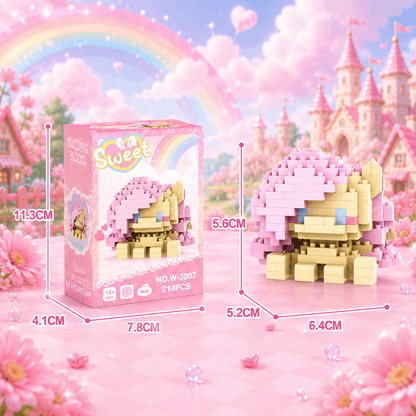 Toy building block set with pink packaging and measurements, set against a fairy-tale castle and rainbow background.