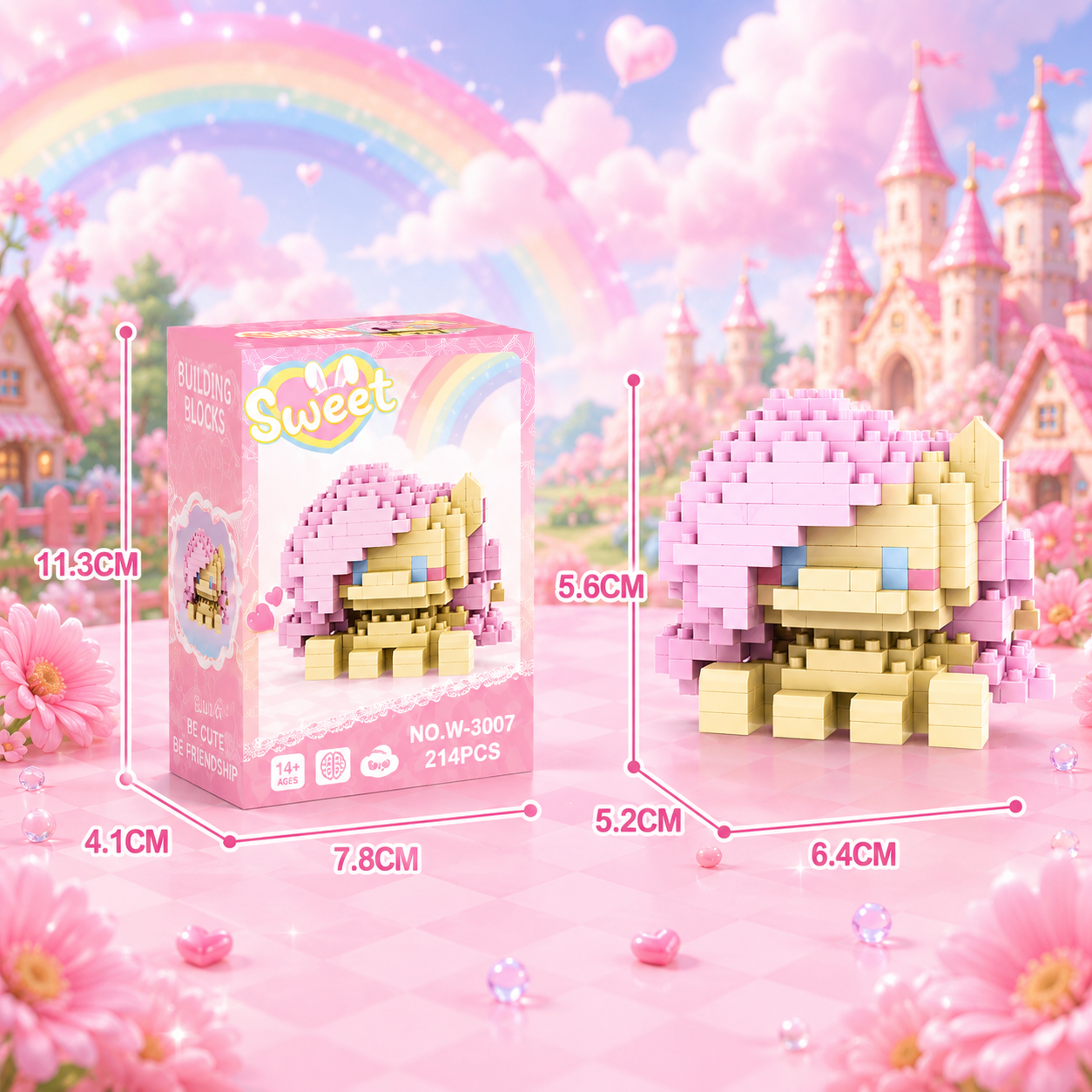 Toy building block set with pink packaging and measurements, set against a fairy-tale castle and rainbow background.