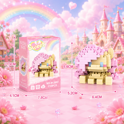 Toy building block set with pink packaging and measurements, set against a fairy-tale castle and rainbow background.