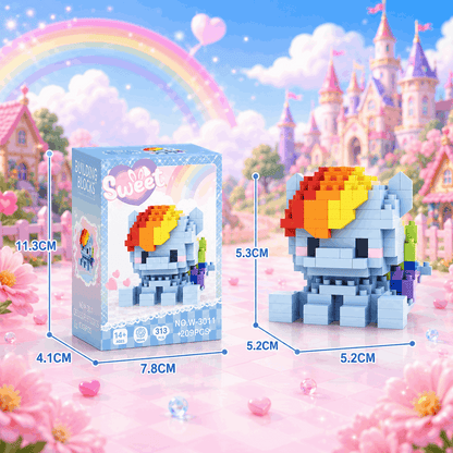 Toy building block set with rainbow hair against a colorful castle and rainbow background