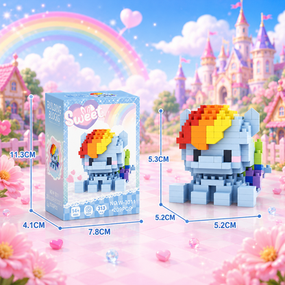 Toy building block set with rainbow hair against a colorful castle and rainbow background