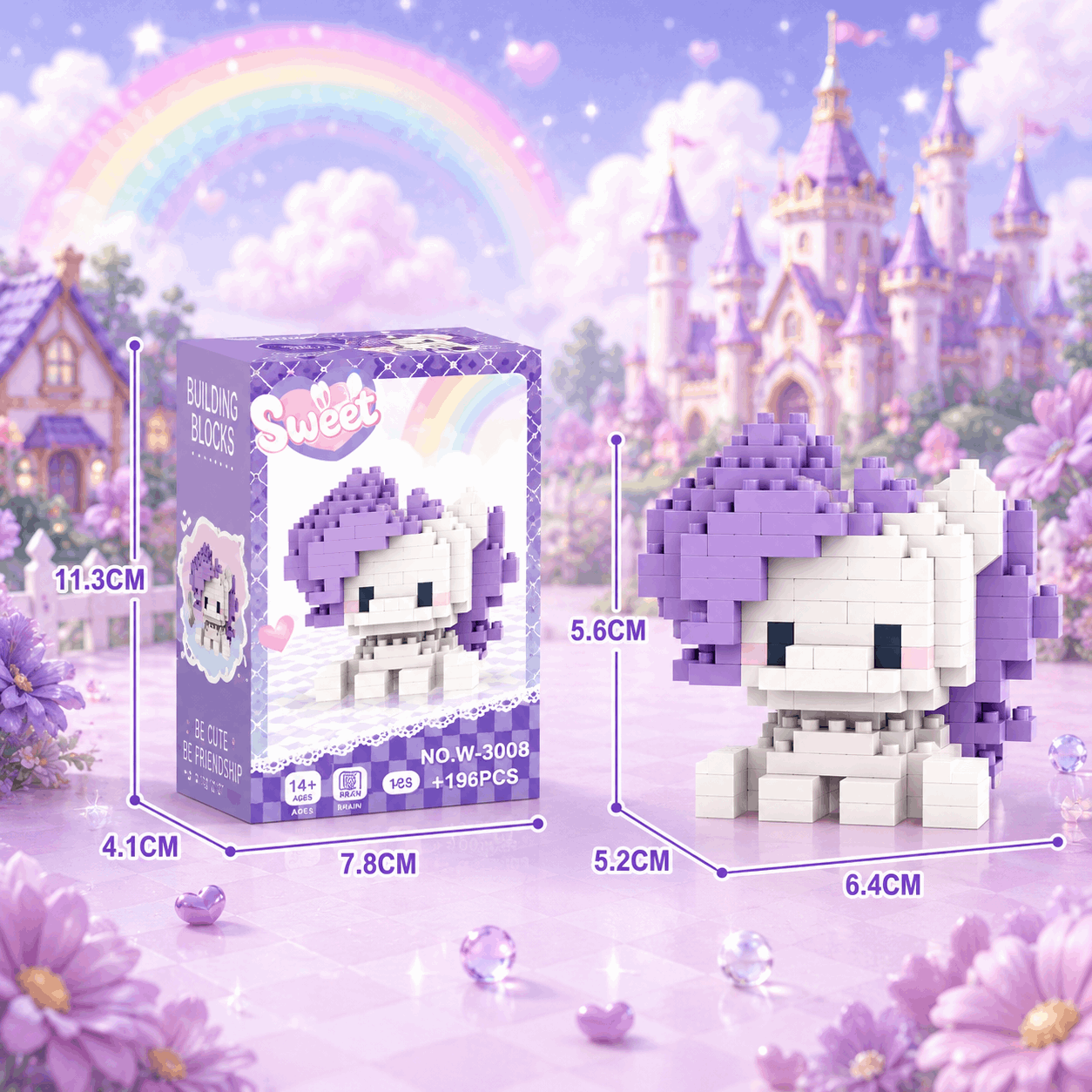 Toy building block set with dimensions displayed against a fantasy castle and rainbow background