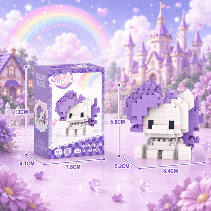 Toy building block set with dimensions displayed against a fantasy castle and rainbow background
