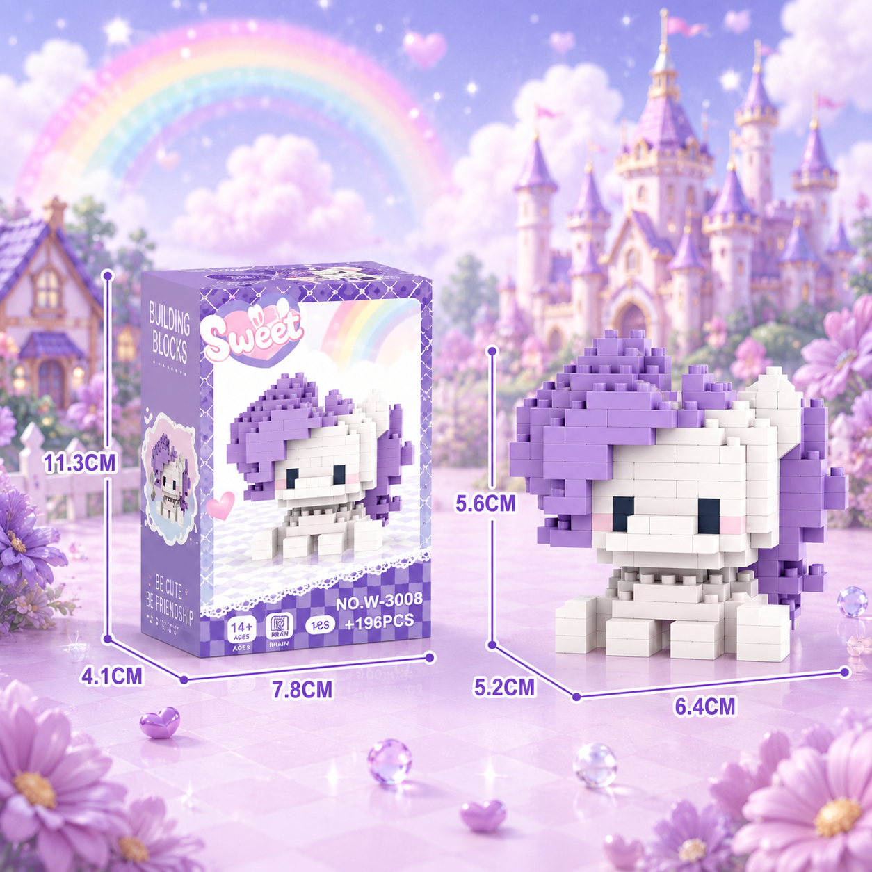 Toy building block set with dimensions displayed against a fantasy castle and rainbow background