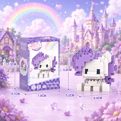 Toy building block set with dimensions displayed against a fantasy castle and rainbow background