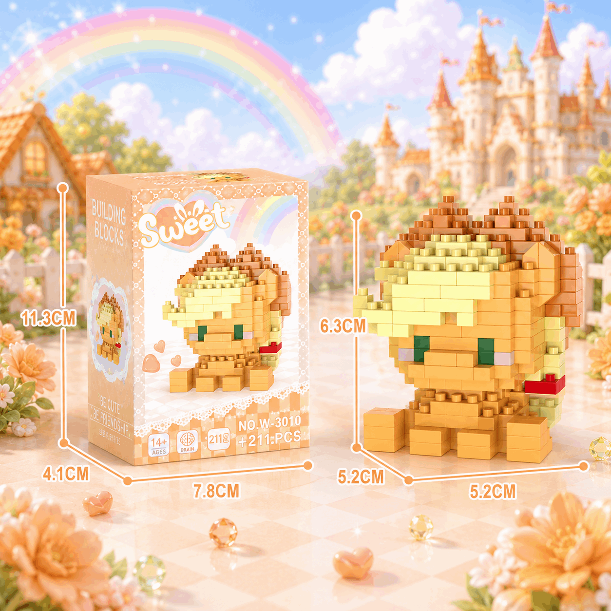 Toy building block set with lion design, packaging, and measurements against a fantasy landscape background.