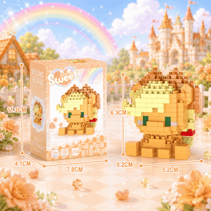 Toy building block set with lion design, packaging, and measurements against a fantasy landscape background.