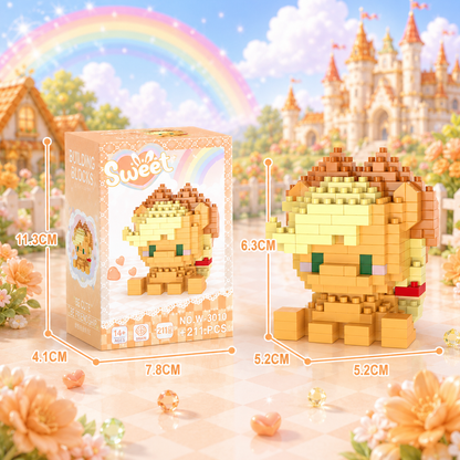 Toy building block set with lion design, packaging, and measurements against a fantasy landscape background.