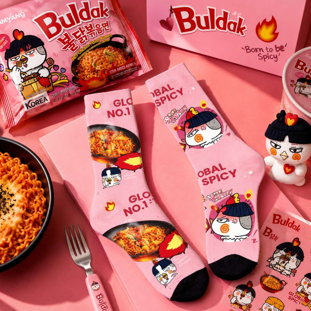 Pink socks with cartoon character design on a pink background, featuring the brand 'Buldak'.