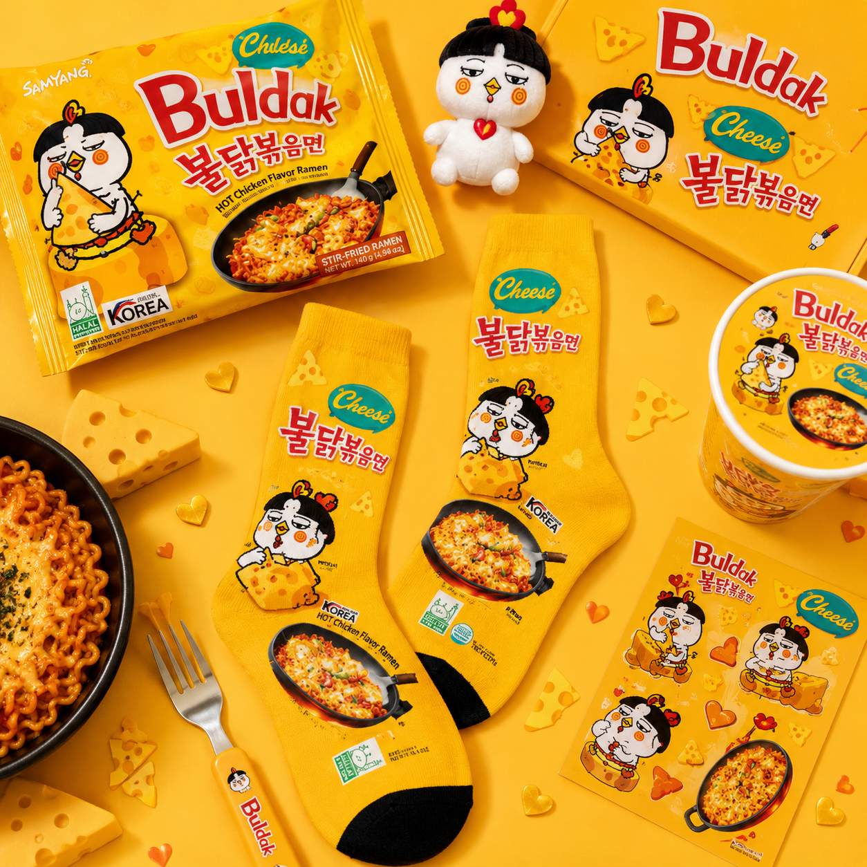 Buldak Cheese Hot Chicken Noodle packaging and products on a yellow background