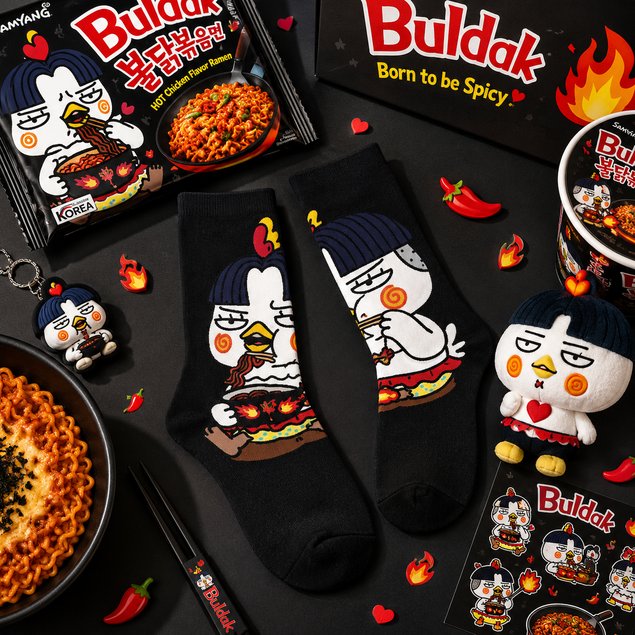 Buldak spicy chicken-themed products including socks, keychains, and packaging on a dark background.