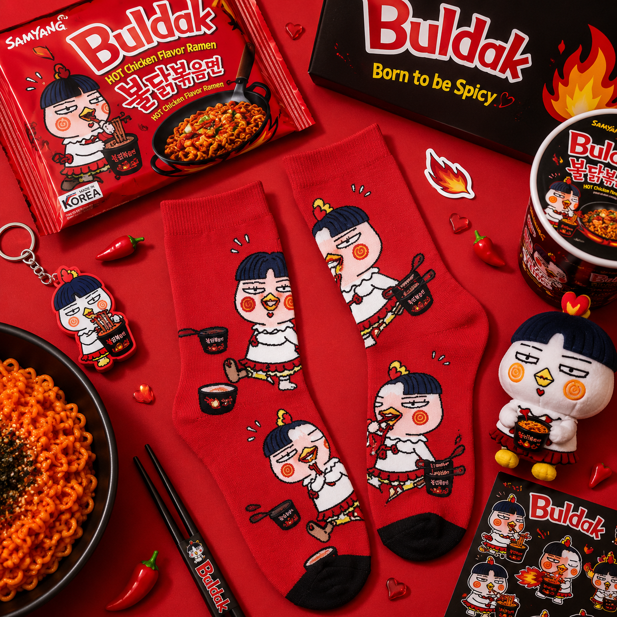 Red-themed Buldak ramen product set with socks, keychain, and plush toy on a red background.