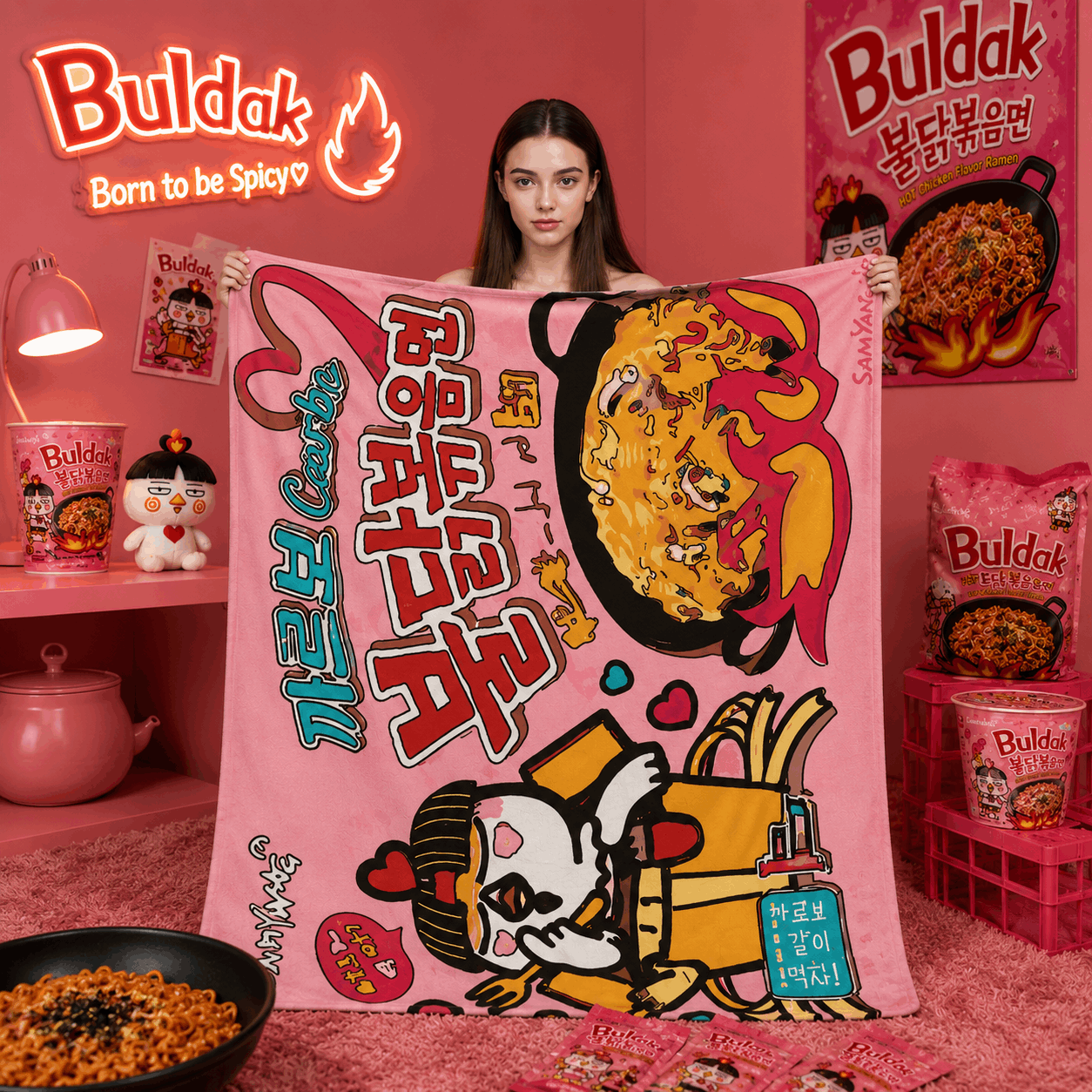 Person holding a pink towel with cartoon character and food graphics, surrounded by Buldak brand products on a pink background.