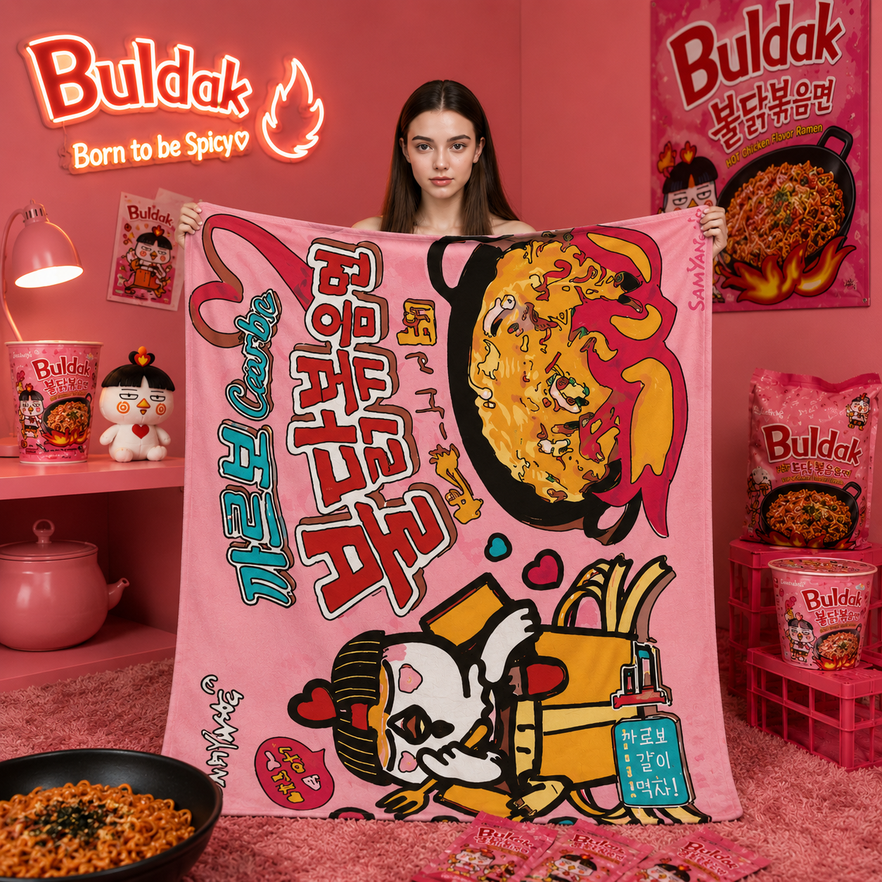 Person holding a pink towel with cartoon character and food graphics, surrounded by Buldak brand products on a pink background.