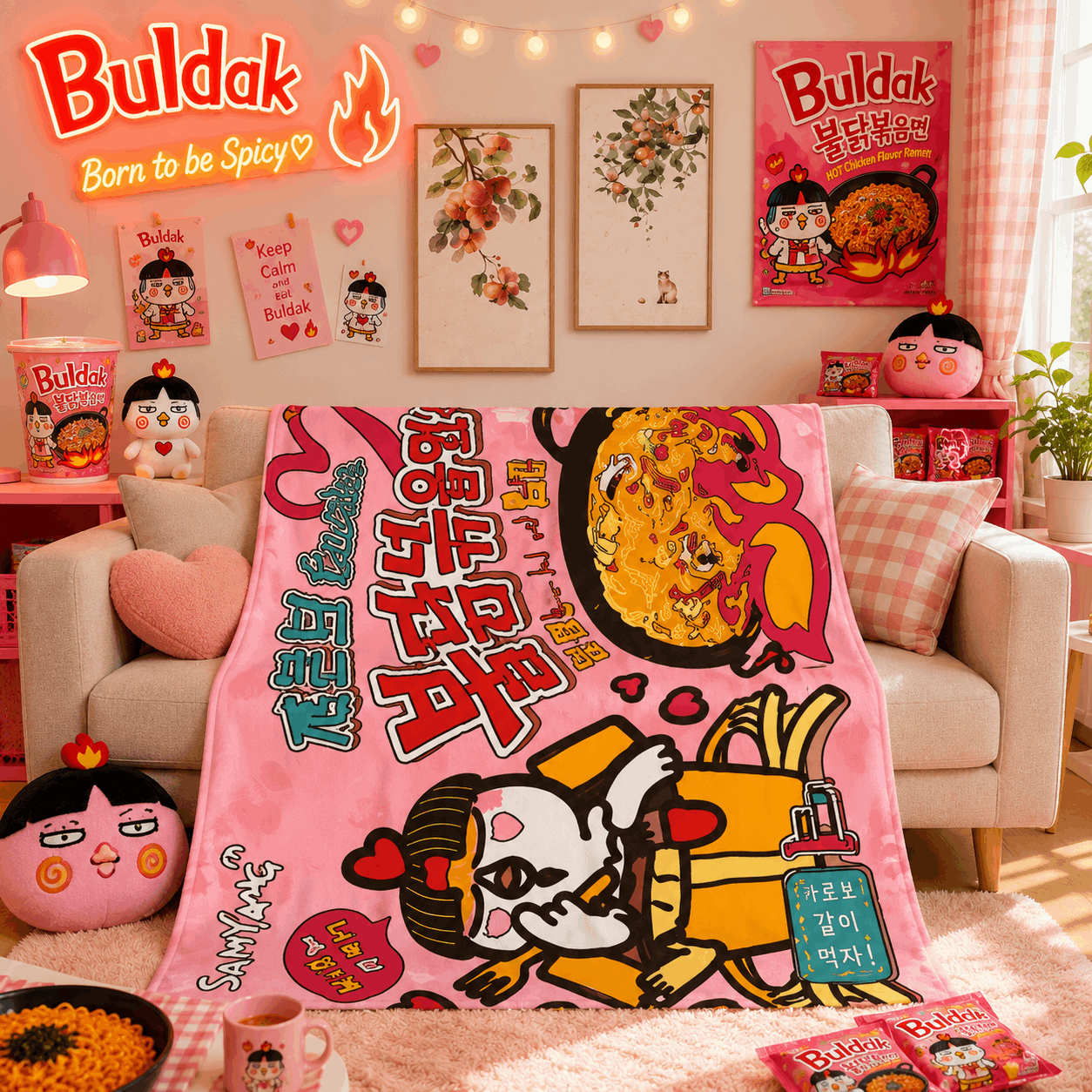 Living room with a pink blanket featuring cartoon characters and 'Buldak' branding.