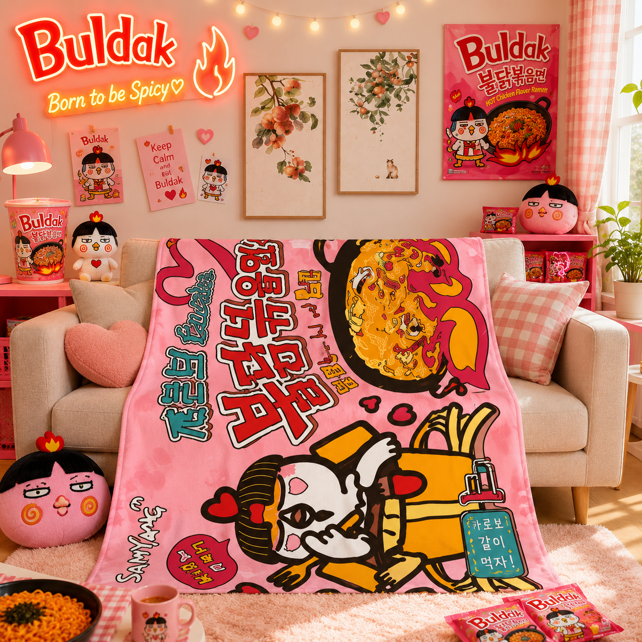 Living room with a pink blanket featuring cartoon characters and 'Buldak' branding.