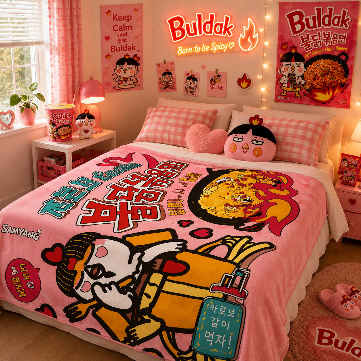Bedroom with Buldak-themed decor, including a pink blanket and posters.