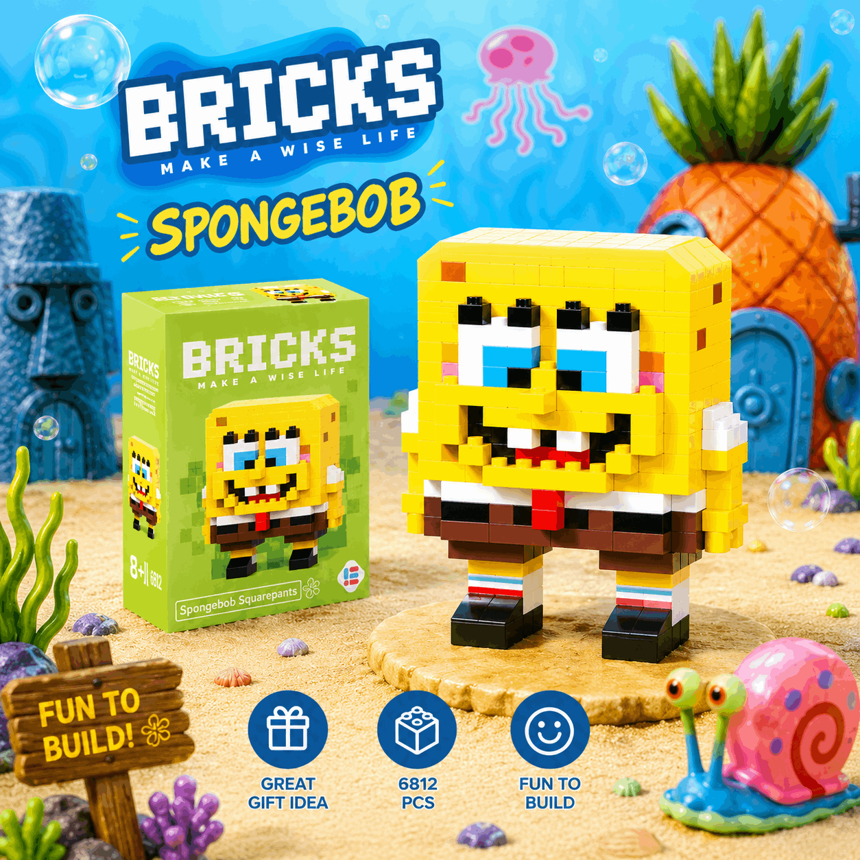 SpongeBob SquarePants toy figure made of interlocking bricks with packaging and underwater-themed background.