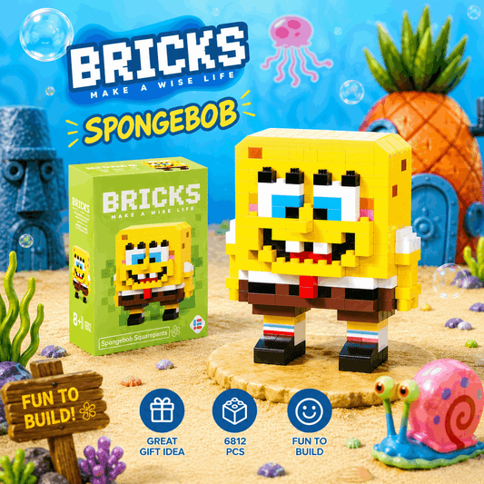 SpongeBob SquarePants toy figure made of interlocking bricks with packaging and underwater-themed background.