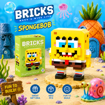 SpongeBob SquarePants toy figure made of interlocking bricks with packaging and underwater-themed background.