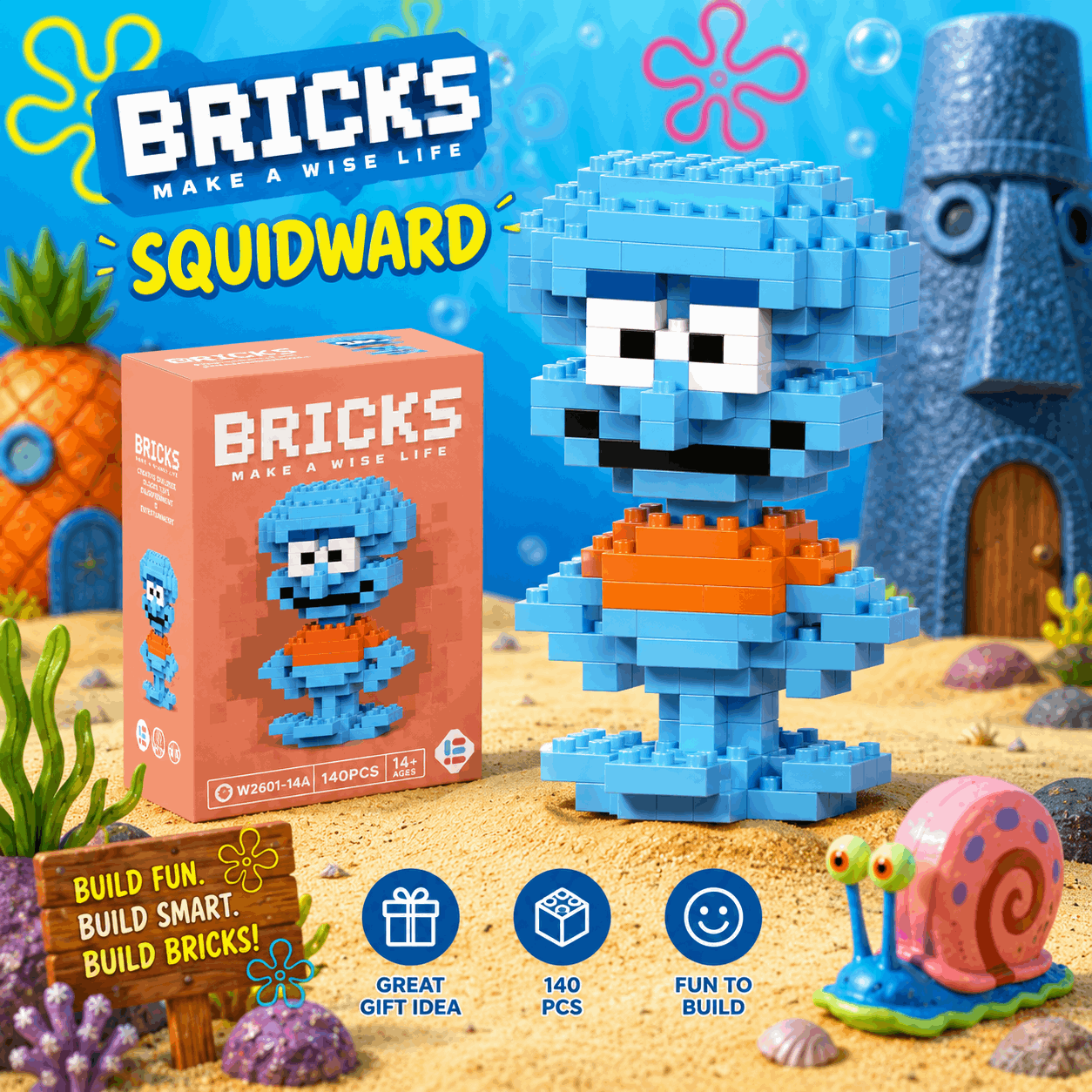 Squidward toy figure made from building blocks with packaging and underwater-themed background