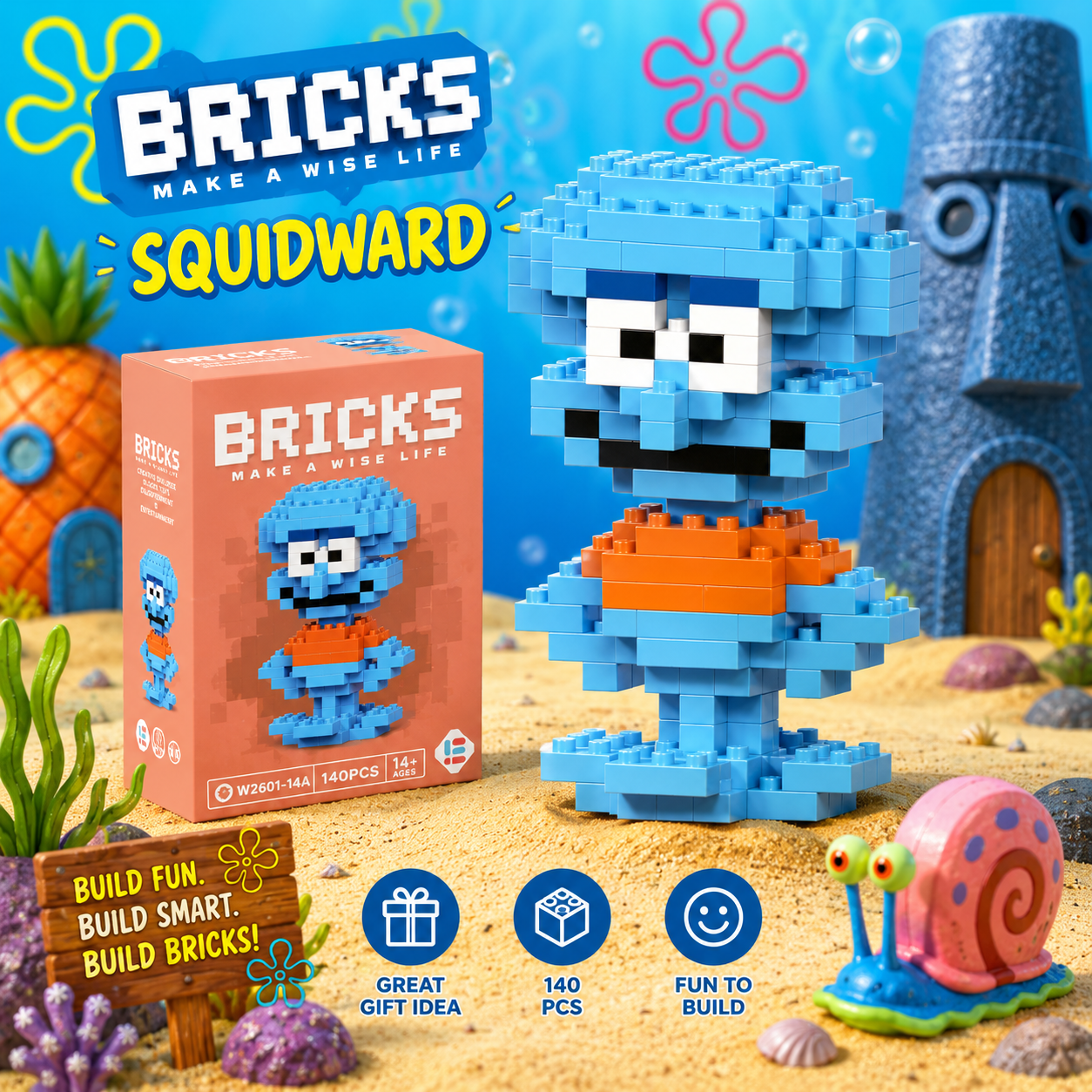 Squidward toy figure made from building blocks with packaging and underwater-themed background