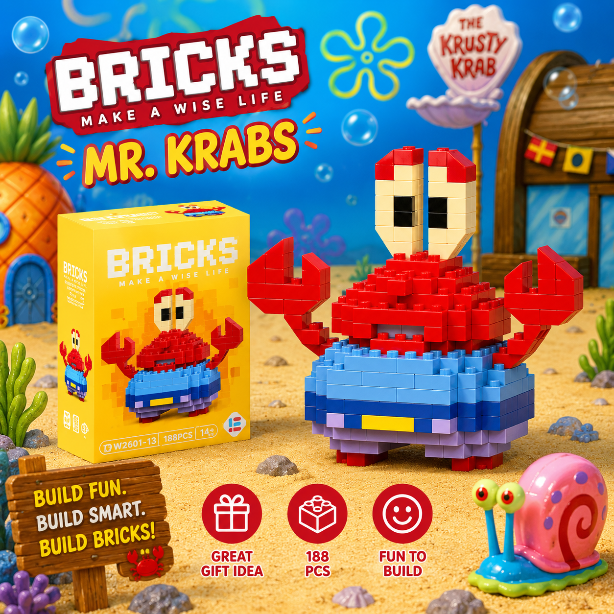 Bricks toy set of Mr. Krabs from SpongeBob SquarePants with packaging and accessories.