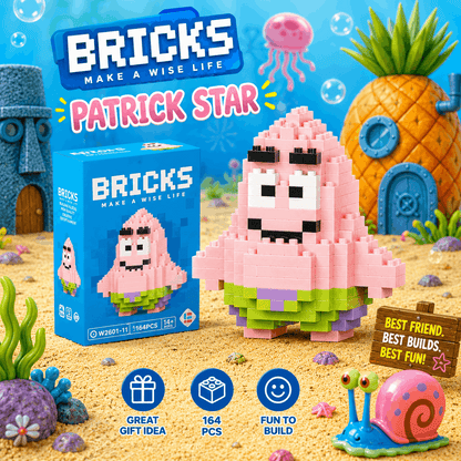 Patrick Star toy figure with packaging on a beach-themed background