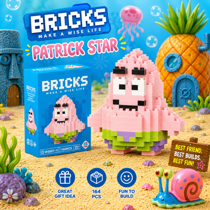 Patrick Star toy figure with packaging on a beach-themed background
