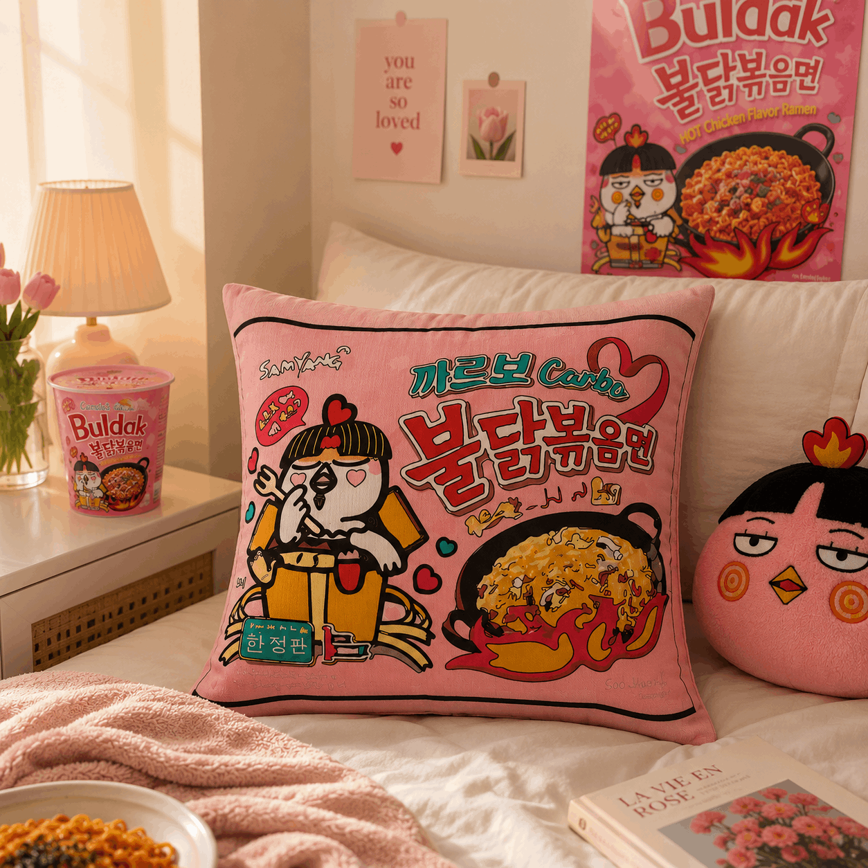 Pink pillow with cartoon character and food graphics on a bed with a 'Buldak' poster in the background.