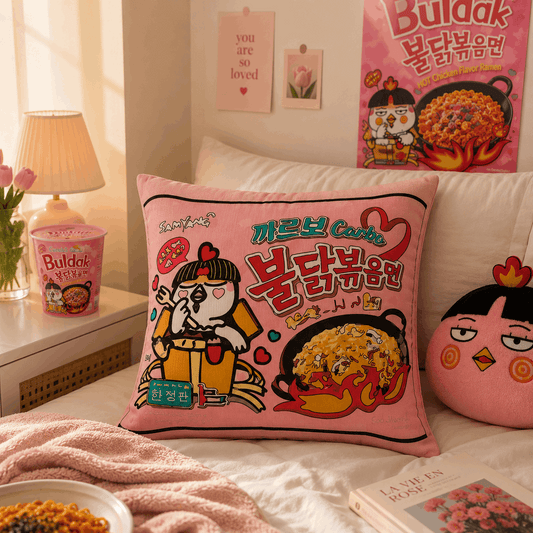Pink pillow with cartoon character and food graphics on a bed with a 'Buldak' poster in the background.