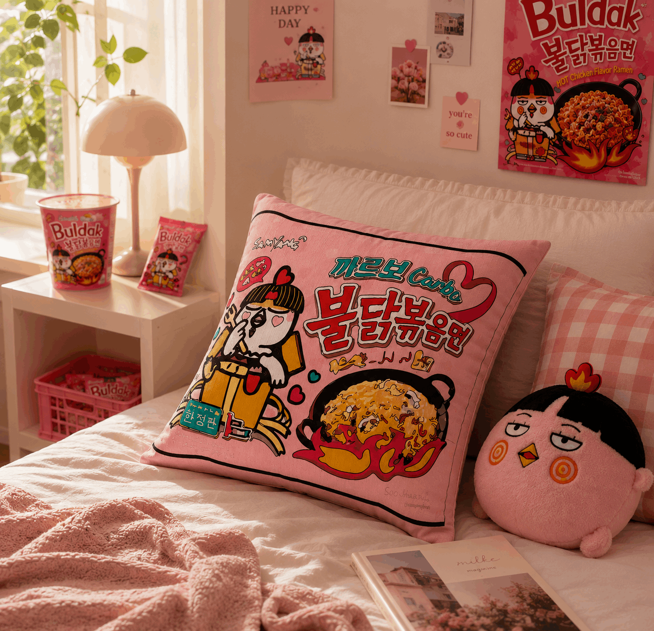 Room interior with pink pillow and plush toy featuring cartoon characters and text, with 'Buldak' branding.