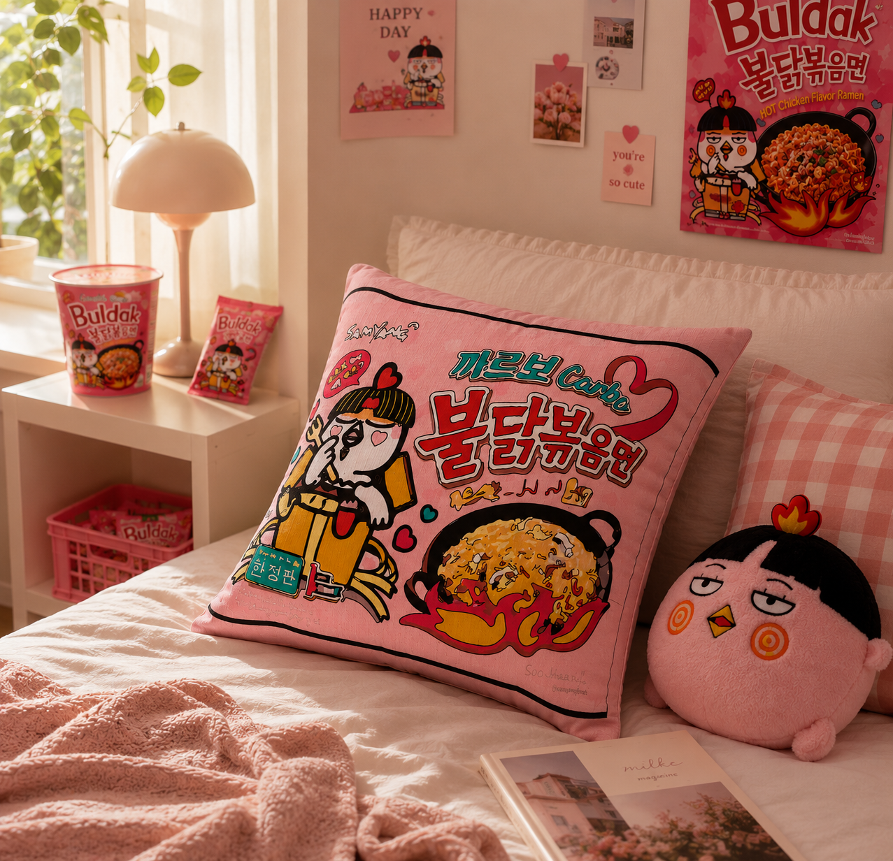 Room interior with pink pillow and plush toy featuring cartoon characters and text, with 'Buldak' branding.