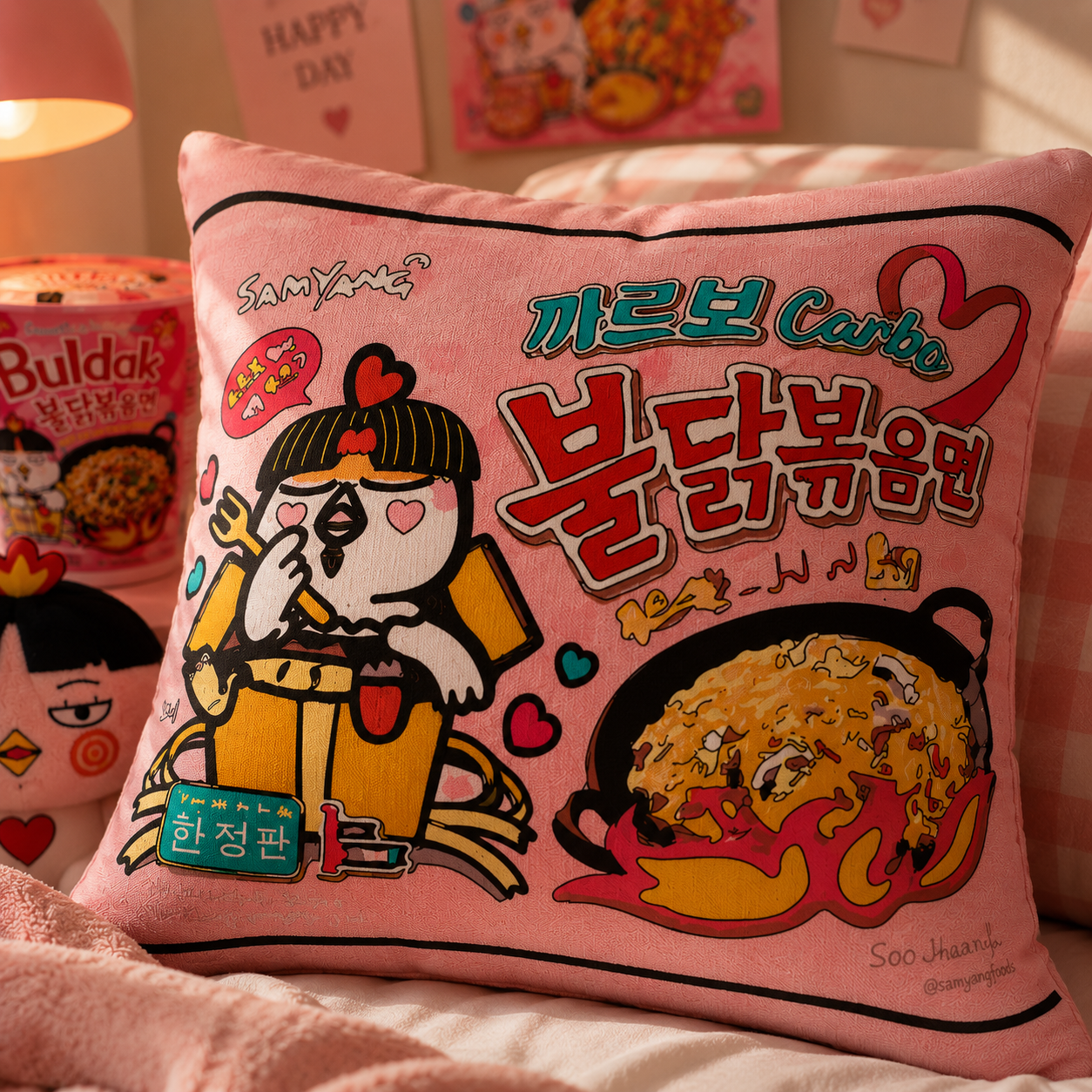 Pink pillow with cartoon character and Korean text on a bed with snacks in the background