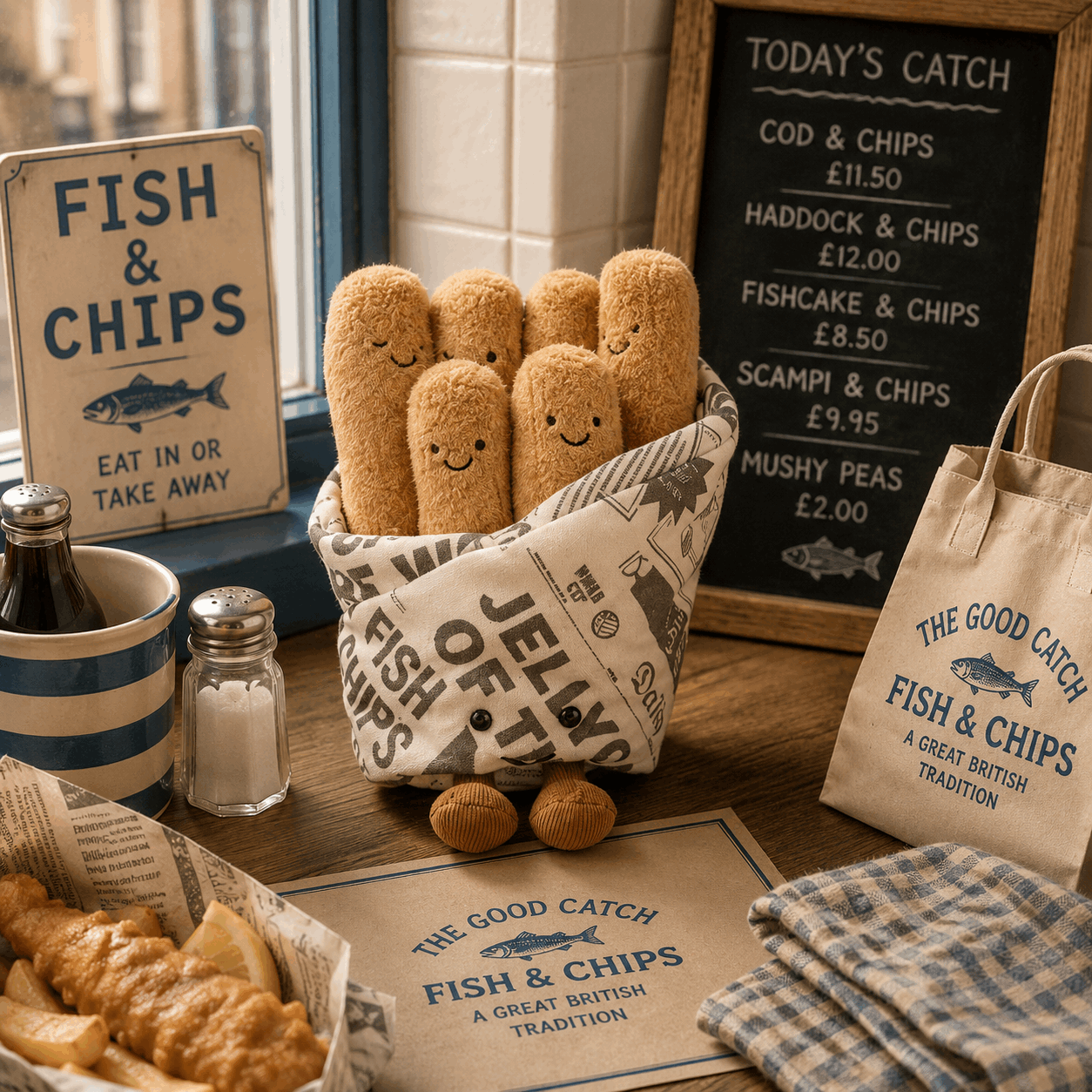 Fish and chips-themed decor with plush bread rolls, sign, and tote bag on a wooden surface.