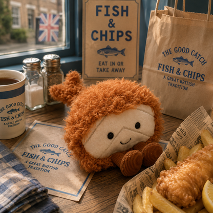 Plush toy with fish and chips on a table with 'The Good Catch' branding.