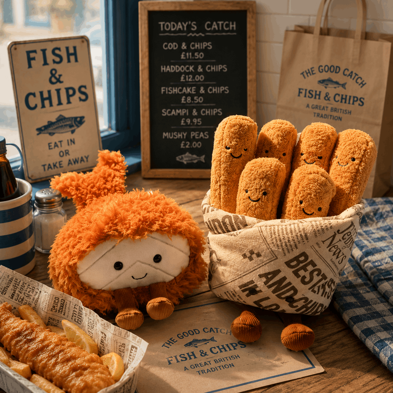 Fish and chips-themed decor with plush fish, basket of bread rolls, and sign in a casual setting.