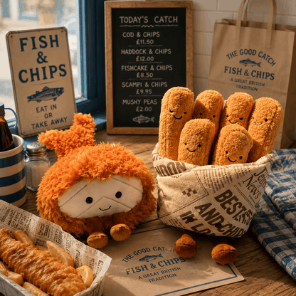 Fish and chips-themed decor with plush fish, basket of bread rolls, and sign in a casual setting.