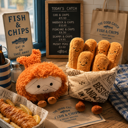 Fish and chips-themed decor with plush fish, basket of bread rolls, and sign in a casual setting.