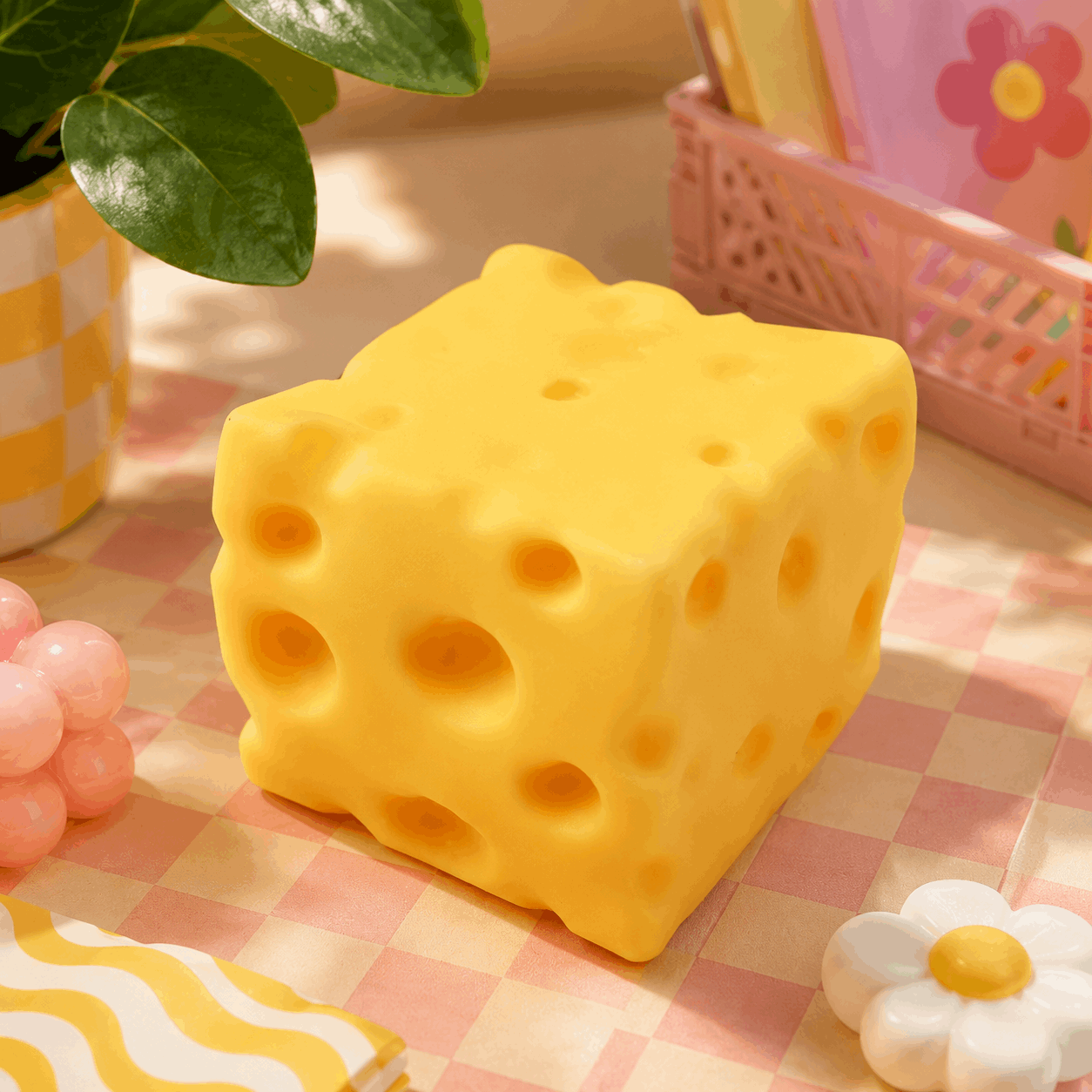 Yellow cheese cube-shaped object on a checkered tablecloth with decorative items around