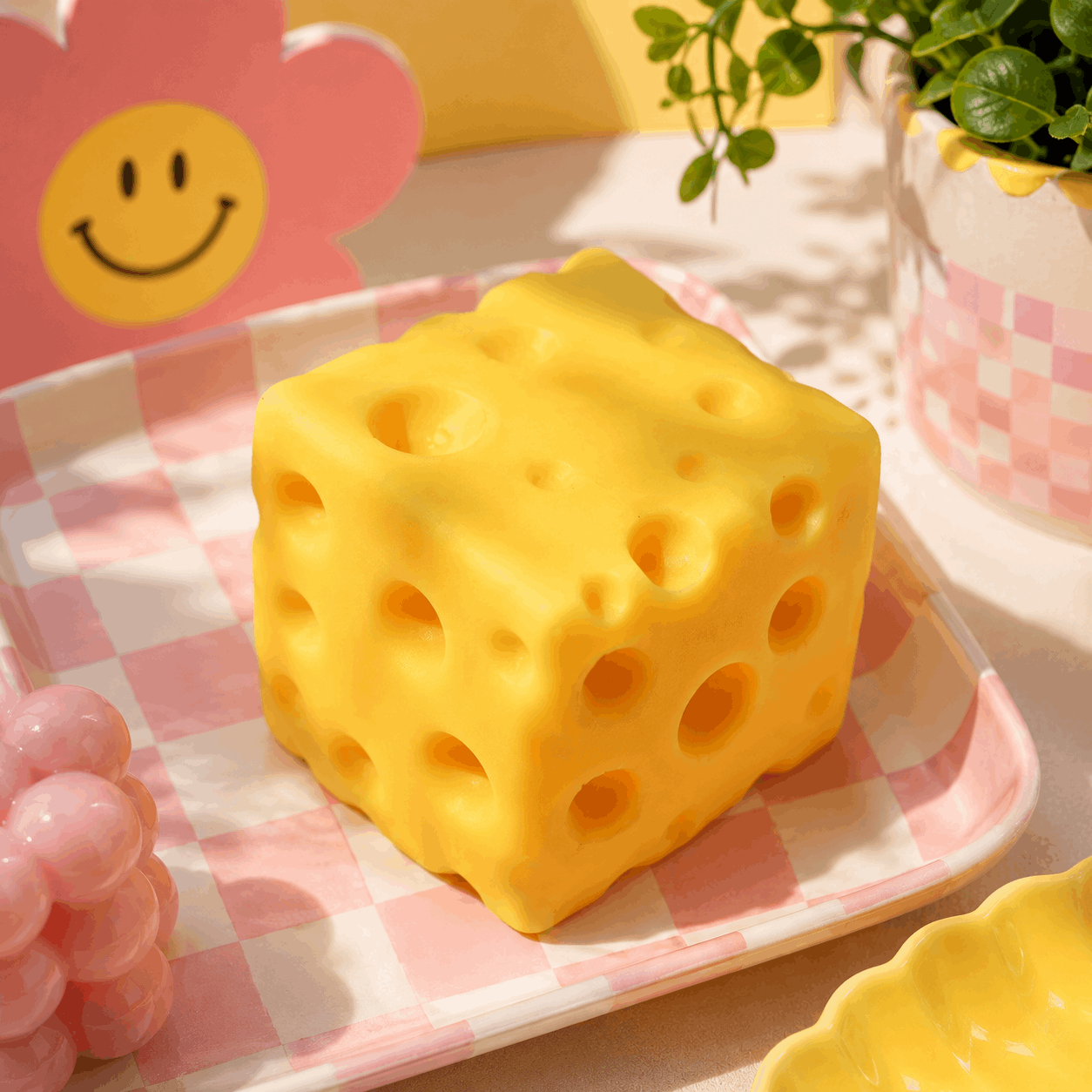 Yellow cheese cube on a pink checkered plate with a smiley face flower in the background