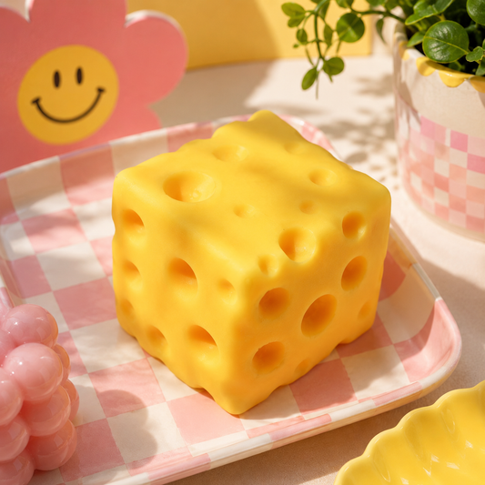 Yellow cheese cube on a pink checkered plate with a smiley face flower in the background