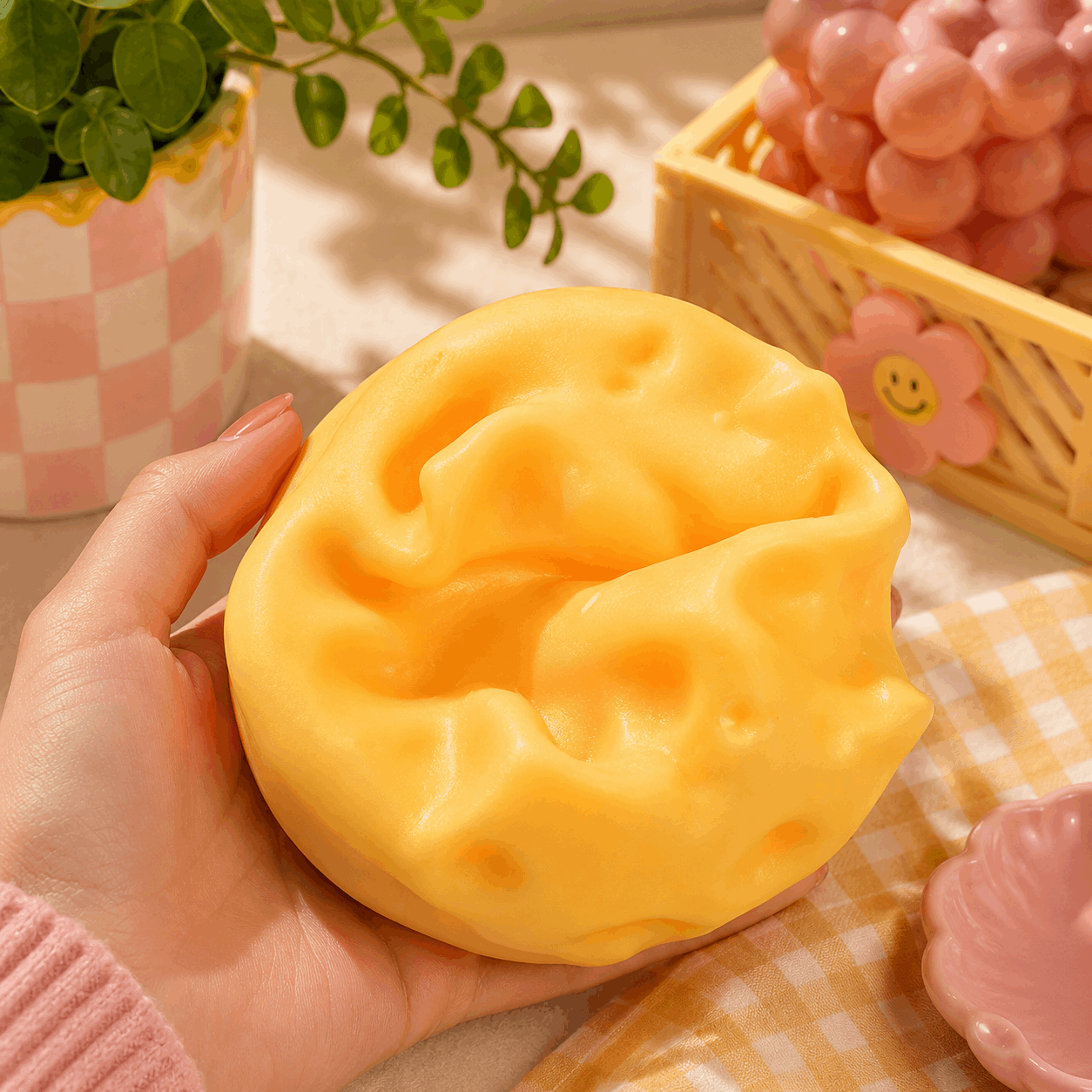 Hand holding a yellow cat-shaped sponge with a checkered tablecloth and decorative items in the background